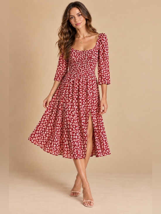 Reformation Dresses & Skirts - Reformation Red Ivory Floral Square Neck 3/4 Sleeve Midi Dress Size 0 Boho Style